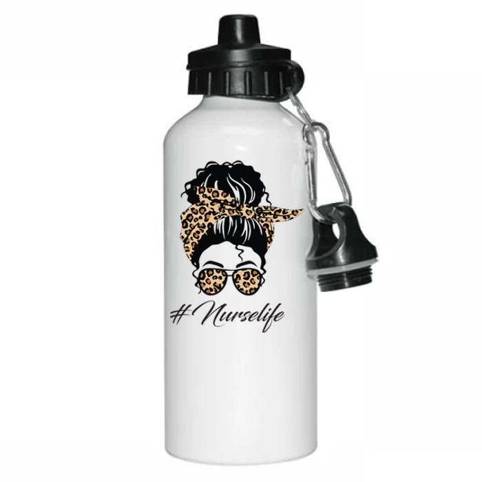 Nurse Life Leopard Messy Bun Hair Glasses Women Nurse Aluminum Water Bottle