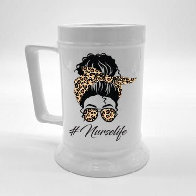 Nurse Life Leopard Messy Bun Hair Glasses Women Nurse Beer Stein