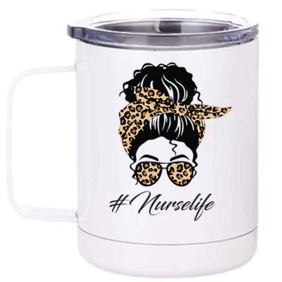 Nurse Life Leopard Messy Bun Hair Glasses Women Nurse 12 oz Stainless Steel Tumbler Cup