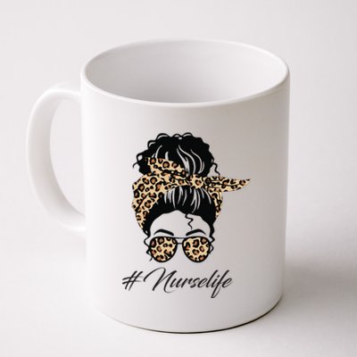 Nurse Life Leopard Messy Bun Hair Glasses Women Nurse Coffee Mug