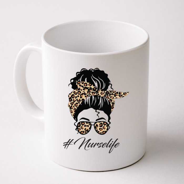 Nurse Life Leopard Messy Bun Hair Glasses Women Nurse Coffee Mug