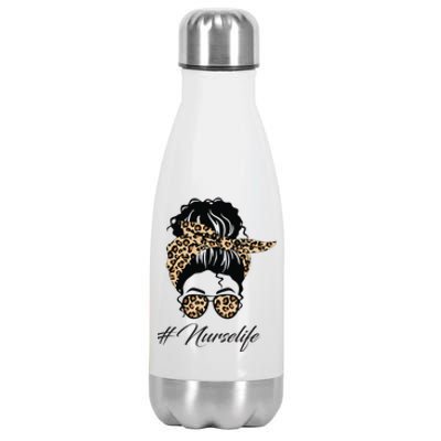 Nurse Life Leopard Messy Bun Hair Glasses Women Nurse Stainless Steel Insulated Water Bottle