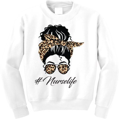 Nurse Life Leopard Messy Bun Hair Glasses Women Nurse Kids Sweatshirt