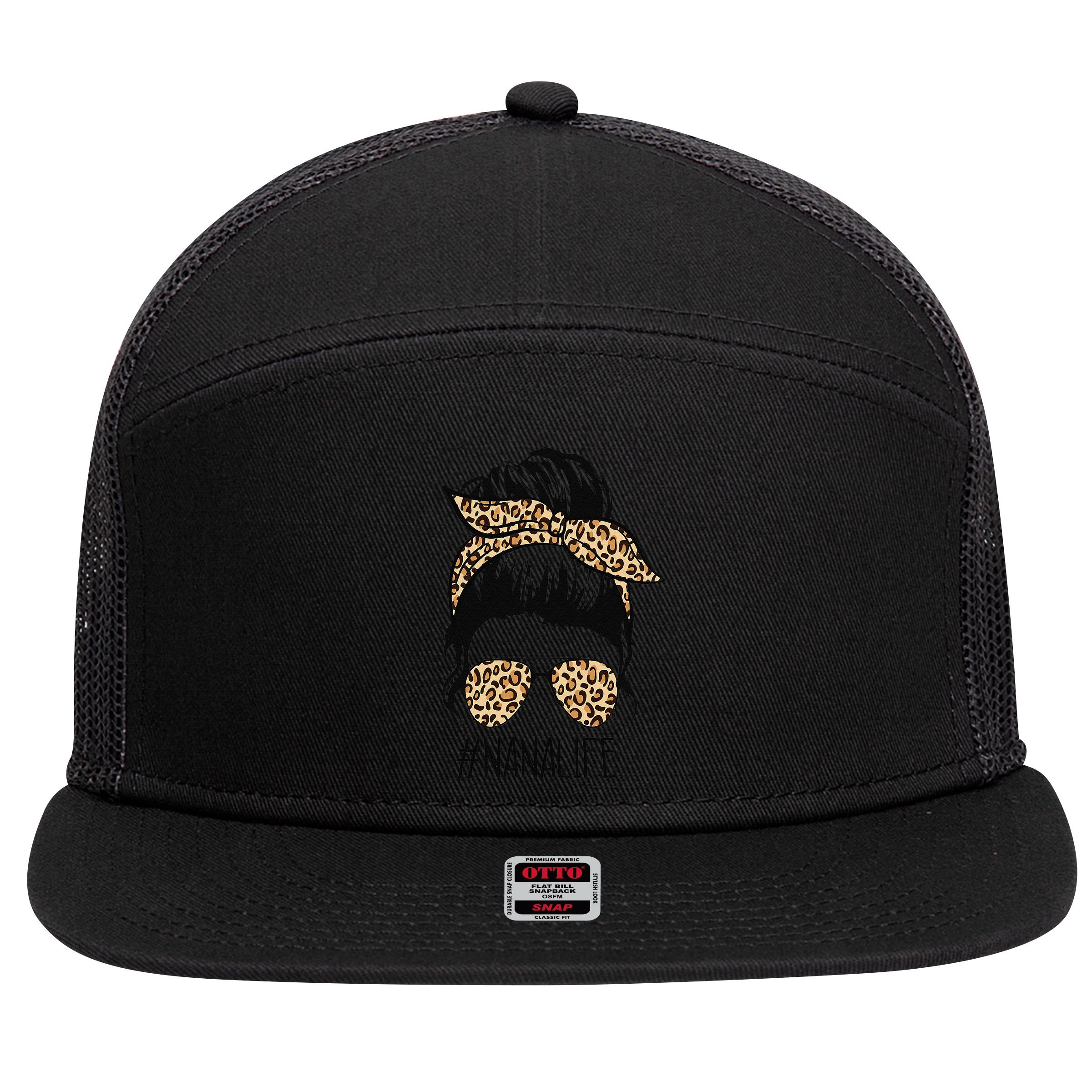Nana Life Leopard Messy Bun Funny Nana Mother's Day Gift 7 Panel Mesh Trucker Snapback Hat