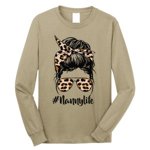 Nanny Life Messy Hair Bun Leopard Women Mother's Day Funny Long Sleeve Shirt