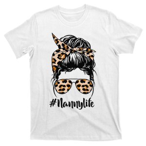 Nanny Life Messy Hair Bun Leopard Mother's Day Funny T-Shirt