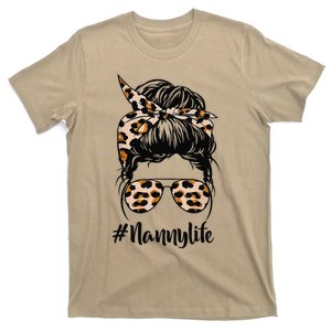 Nanny Life Messy Hair Bun Leopard Women Mother's Day Funny T-Shirt