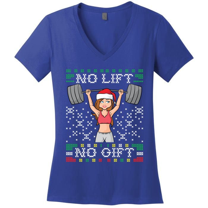 No Lift No Gift Ugly Christmas Sweater Gym Miss Santa Claus Funny Gift Women's V-Neck T-Shirt