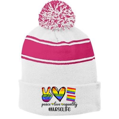 Nurse Life Peace Love Equality Nursing Lover Gift Stripe Pom Pom Beanie