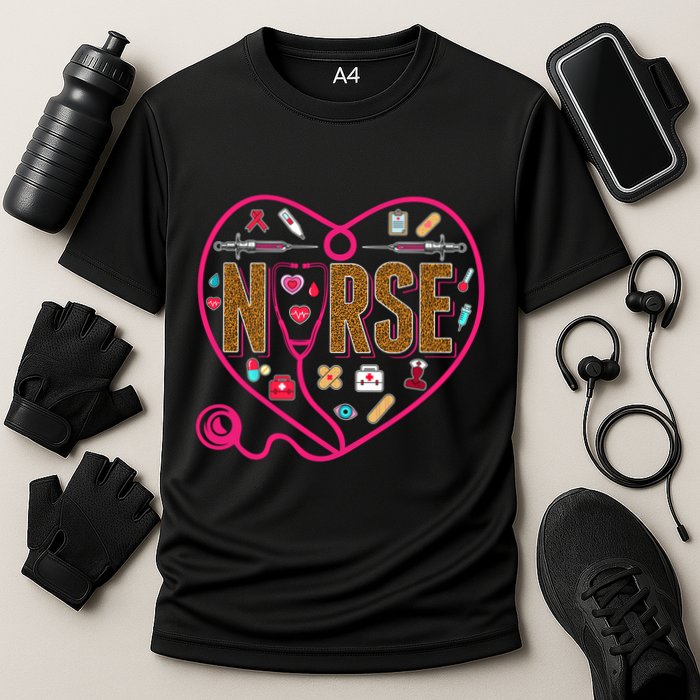 Nurse Leopard Print Medical Stethoscope Heart Cute Gift Cooling Performance Crew T-Shirt