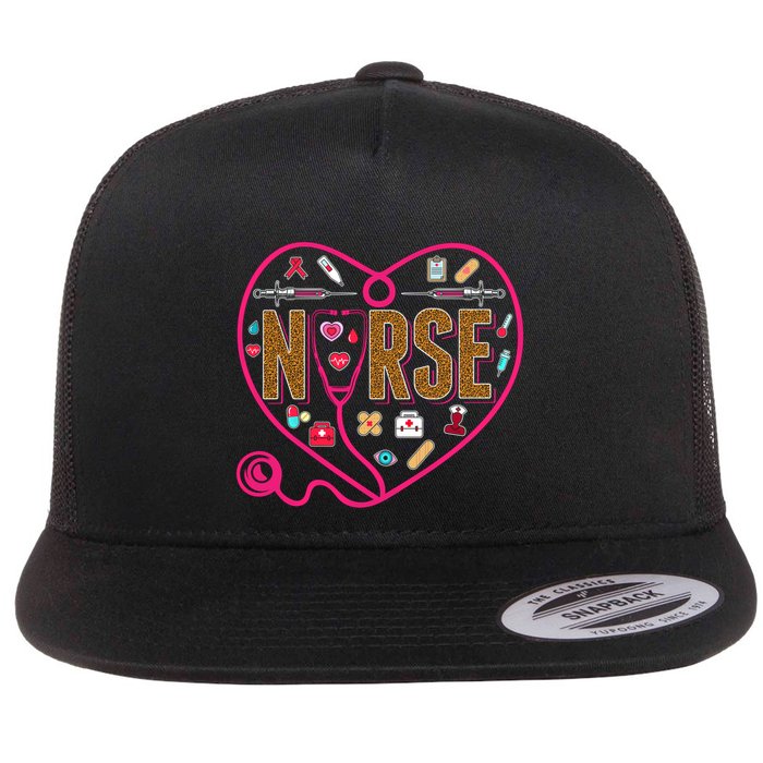 Nurse Leopard Print Medical Stethoscope Heart Cute Gift Flat Bill Trucker Hat