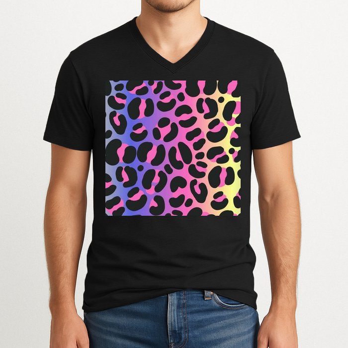 Neon Leopard Pattern V-Neck T-Shirt