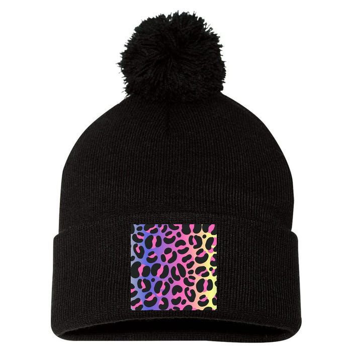 Neon Leopard Pattern Pom Pom 12in Knit Beanie