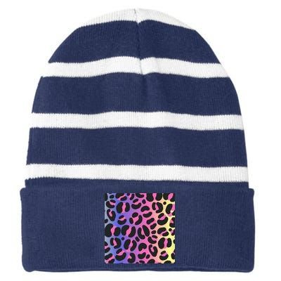 Neon Leopard Pattern Striped Beanie with Solid Band