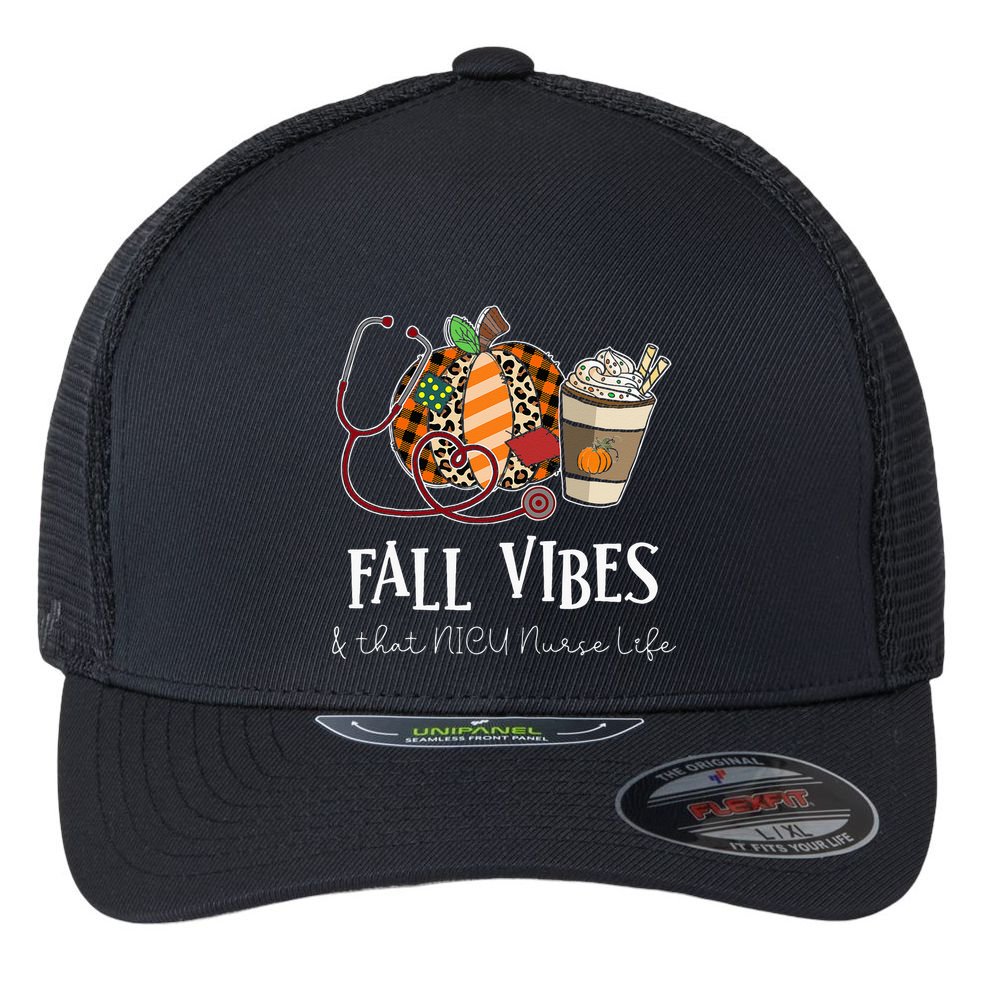 Nurse Leopard Pumpkin Fall Vibes And That NICU Nurse Life Flexfit Unipanel Trucker Cap