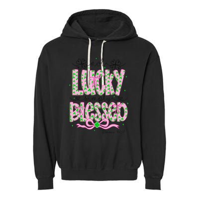 Not Lucky Simply Blessed St Patricks Day Coquette Shamrock Garment-Dyed Fleece Hoodie