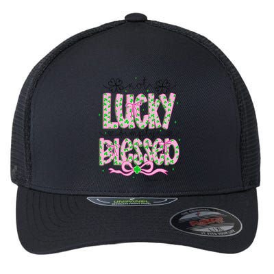 Not Lucky Simply Blessed St Patricks Day Coquette Shamrock Flexfit Unipanel Trucker Cap