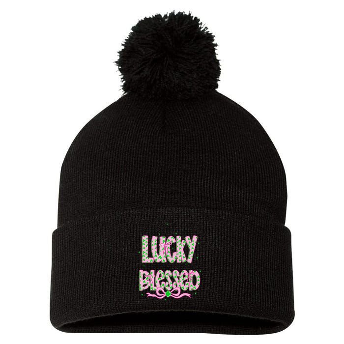 Not Lucky Simply Blessed St Patricks Day Coquette Shamrock Pom Pom 12in Knit Beanie