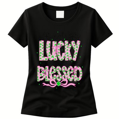 Not Lucky Simply Blessed St Patricks Day Coquette Shamrock Womens T-Shirt