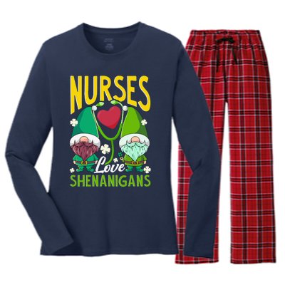 Nurses Love Shenanigans Gnome St Patricks Day Nurse Funny Women's Long Sleeve Flannel Pajama Set 