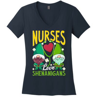 Nurses Love Shenanigans Gnome St Patricks Day Nurse Funny Women's V-Neck T-Shirt