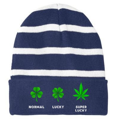 Normal Lucky Super Lucky Shamrock Weed Leaf St. Patricks Day Striped Beanie with Solid Band