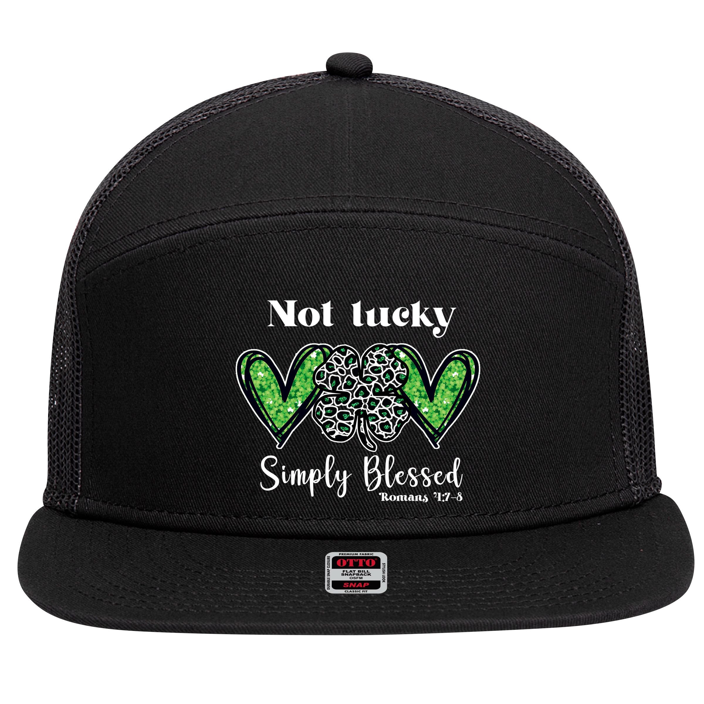 Not Lucky Simply Blessed Clover 7 Panel Mesh Trucker Snapback Hat