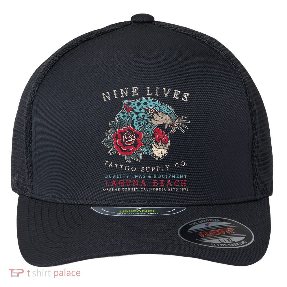 Nine Lives Tattoo Supply Co Old School Panther Laguna Beach Flexfit Unipanel Trucker Cap