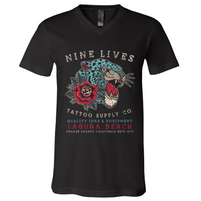 Nine Lives Tattoo Supply Co Old School Panther Laguna Beach V-Neck T-Shirt
