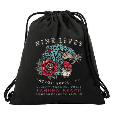 Nine Lives Tattoo Supply Co Old School Panther Laguna Beach Drawstring Bag