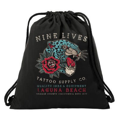 Nine Lives Tattoo Supply Co Old School Panther Laguna Beach Drawstring Bag