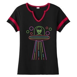 Neon Lights Ufo Abduction Extraterrestrial Alien Believer Ladies Halftime Notch Neck Tee