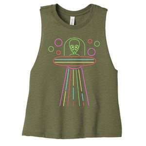 Neon Lights Ufo Abduction Extraterrestrial Alien Believer Women's Racerback Cropped Tank