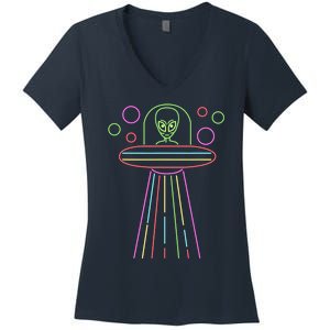 Neon Lights Ufo Abduction Extraterrestrial Alien Believer Women's V-Neck T-Shirt