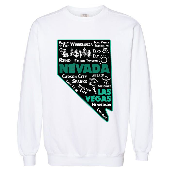 Nevada Las Vegas Map Winnemucca Reno Elko Ely Carson City Garment-Dyed Sweatshirt