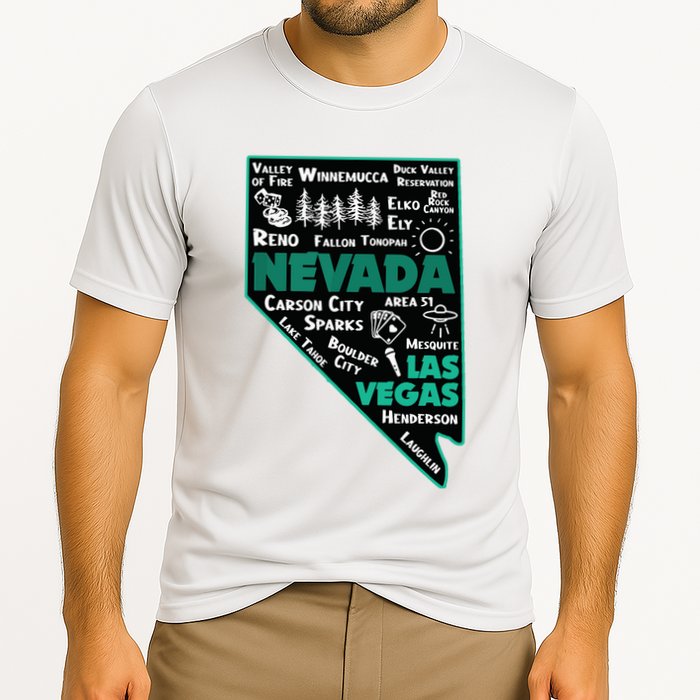 Nevada Las Vegas Map Winnemucca Reno Elko Ely Carson City Cooling Performance Crew T-Shirt