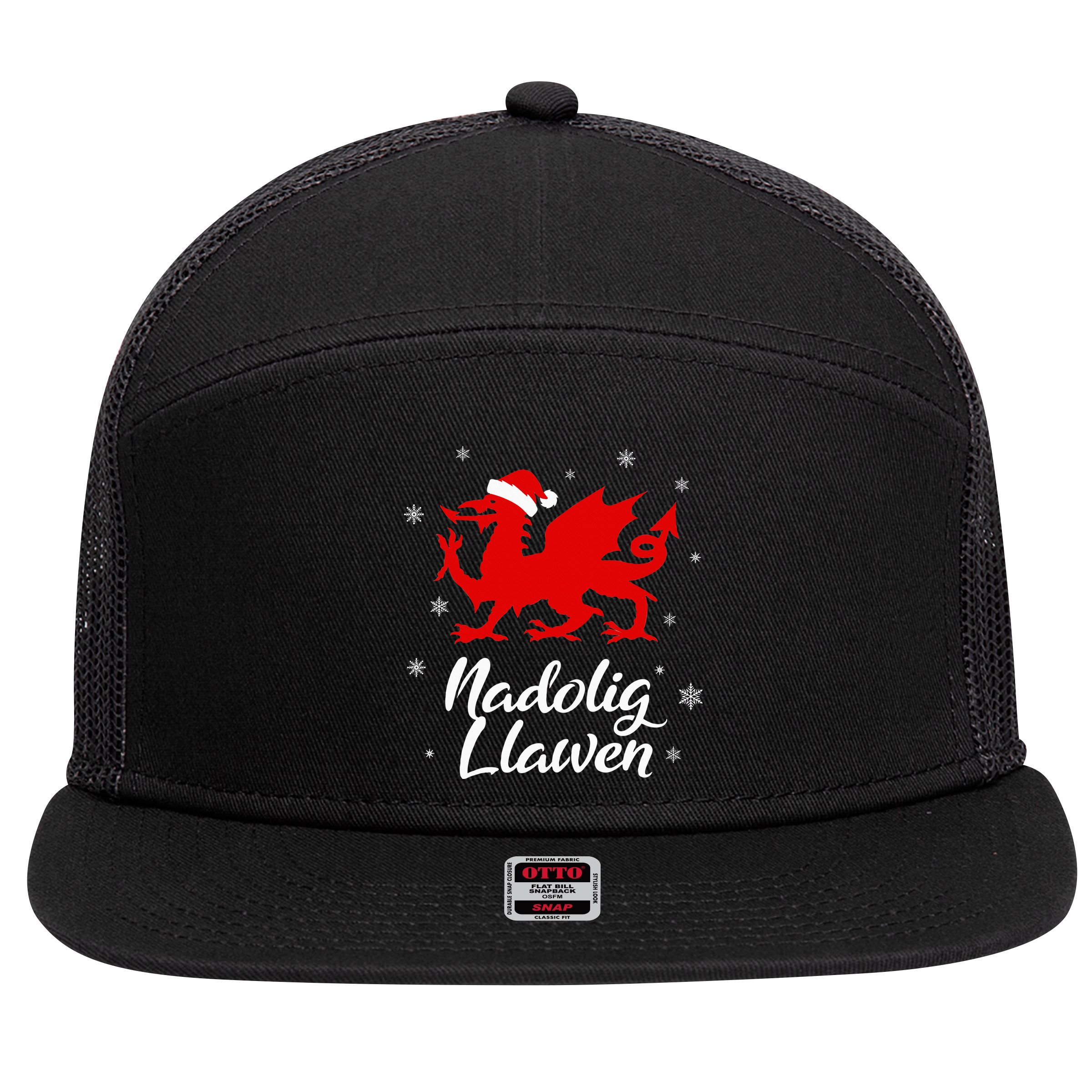 Nadolig Llawen Wales Welsh Cymru Merry Christmas Dragon 7 Panel Mesh Trucker Snapback Hat