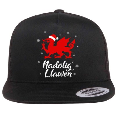 Nadolig Llawen Wales Welsh Cymru Merry Christmas Dragon Flat Bill Trucker Hat