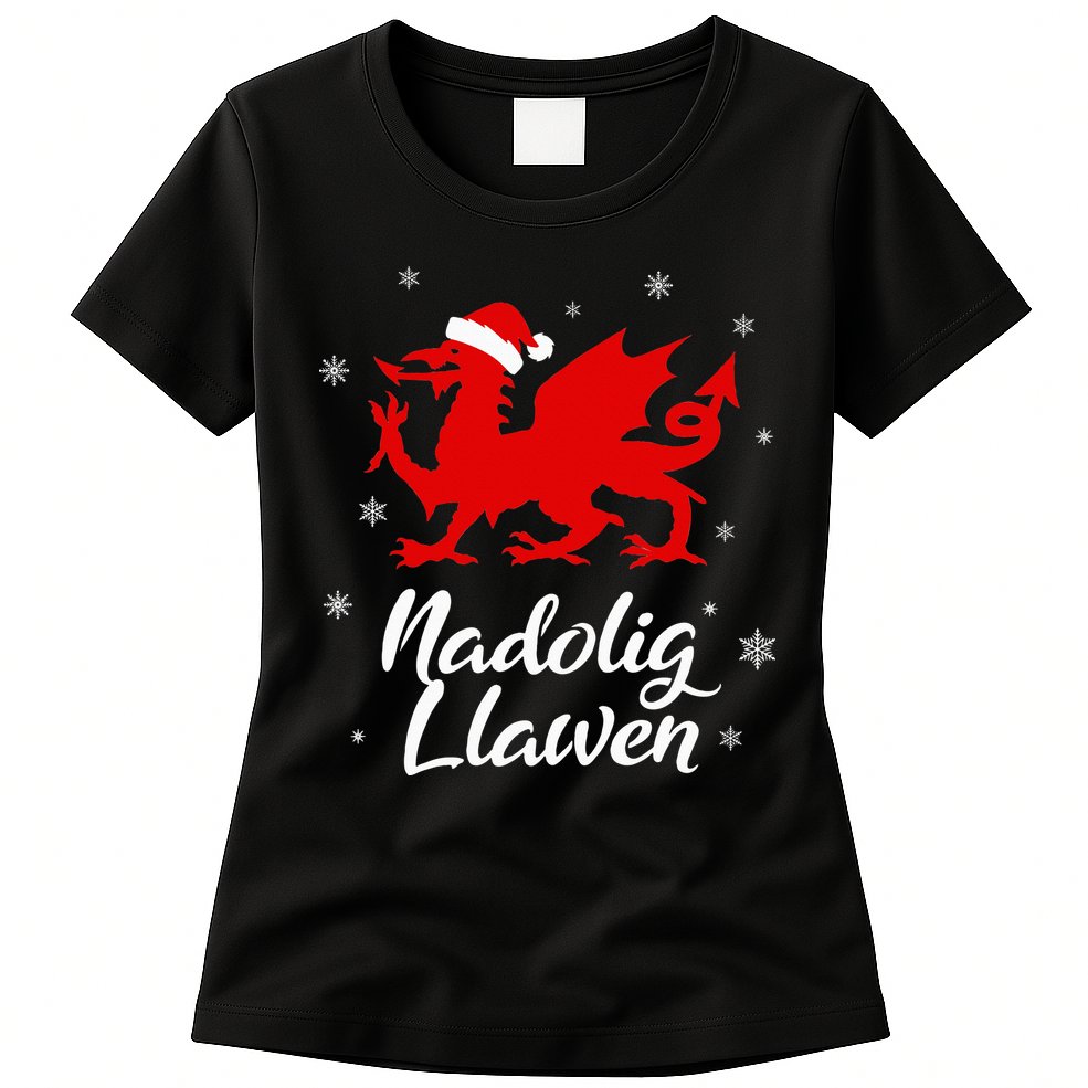 Nadolig Llawen Wales Welsh Cymru Merry Christmas Dragon Womens T-Shirt