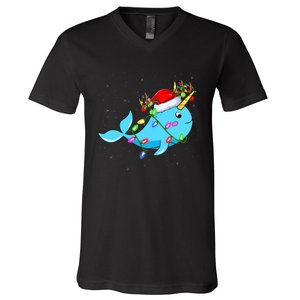 Narwhal Lover Xmas Lighting Santa Narwhal Christmas V-Neck T-Shirt