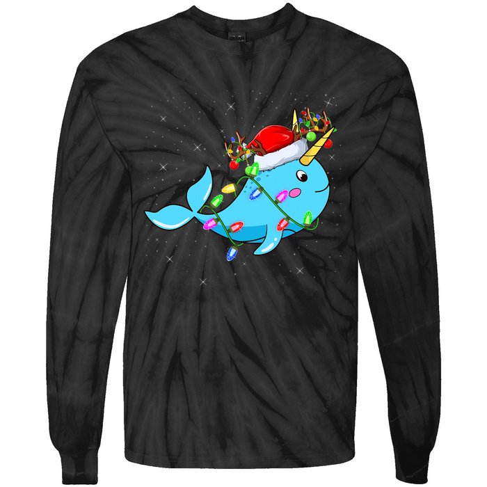 Narwhal Lover Xmas Lighting Santa Narwhal Christmas Tie-Dye Long Sleeve Shirt