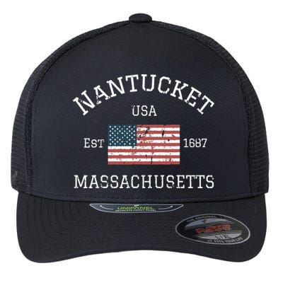 Nantucket Massachusetts American Flag Usa Travel Vintage Flexfit Unipanel Trucker Cap
