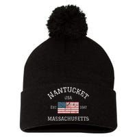 Nantucket Massachusetts American Flag Usa Travel Vintage Pom Pom 12in Knit Beanie