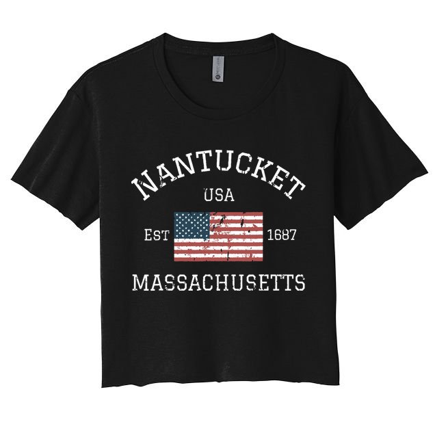 Nantucket Massachusetts American Flag Usa Travel Vintage Women's Crop Top Tee