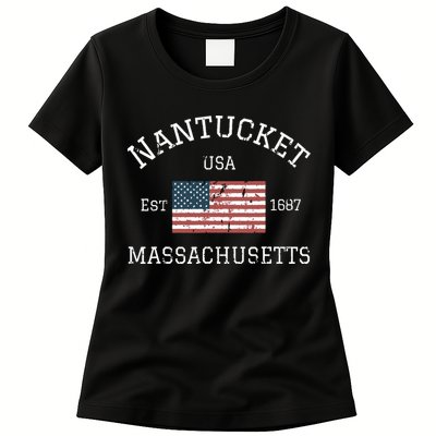 Nantucket Massachusetts American Flag Usa Travel Vintage Womens T-Shirt
