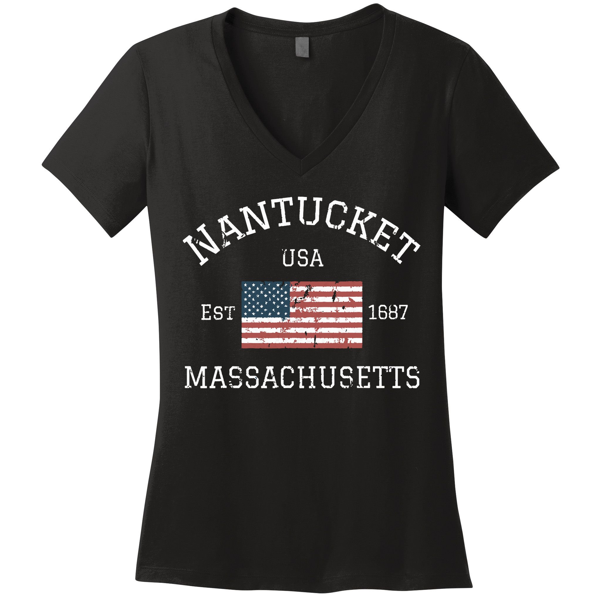 Nantucket Massachusetts American Flag Usa Travel Vintage Women's V-Neck T-Shirt