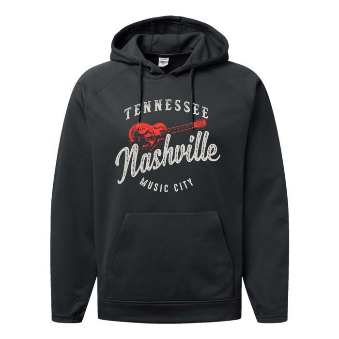 Nashville Music City Guitar Vintage Gift Performance Fleece Hoodie