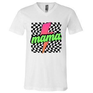 Neon Mama Checkered Mom Lightning Bolt V-Neck T-Shirt