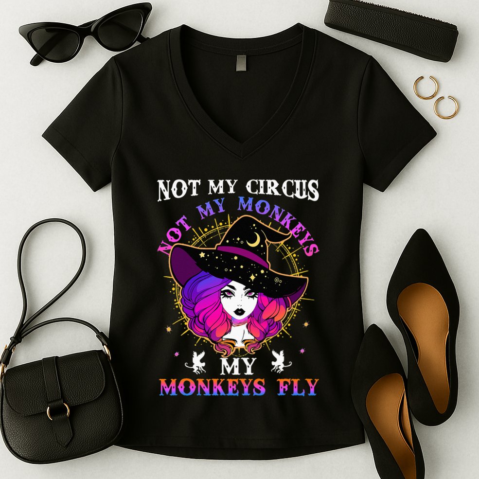 Not My Circus Not My Monkeys My Monkeys Fly Witch Halloween Women's V-Neck T-Shirt