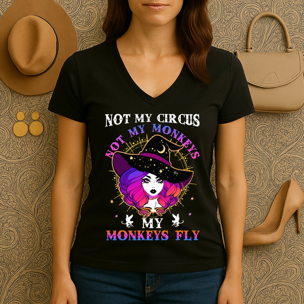Not My Circus Not My Monkeys My Monkeys Fly Witch Halloween Women's V-Neck T-Shirt